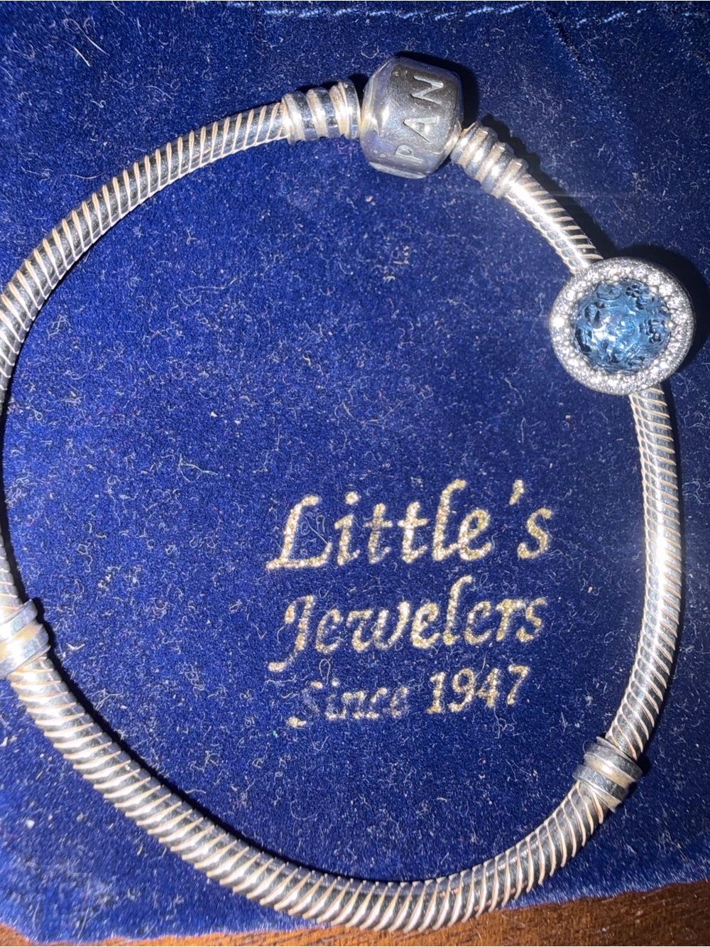 Pandora Silver Bracelet with Light Blue Halo Charm